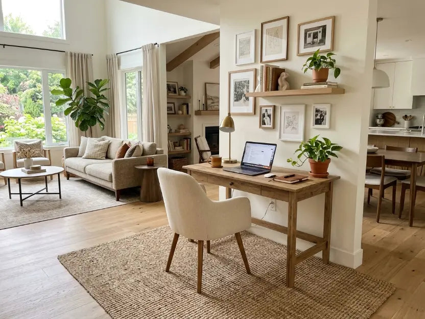 home office space in open format anchored by jute rug