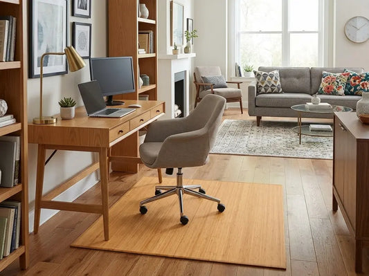 sunny living room with office area 