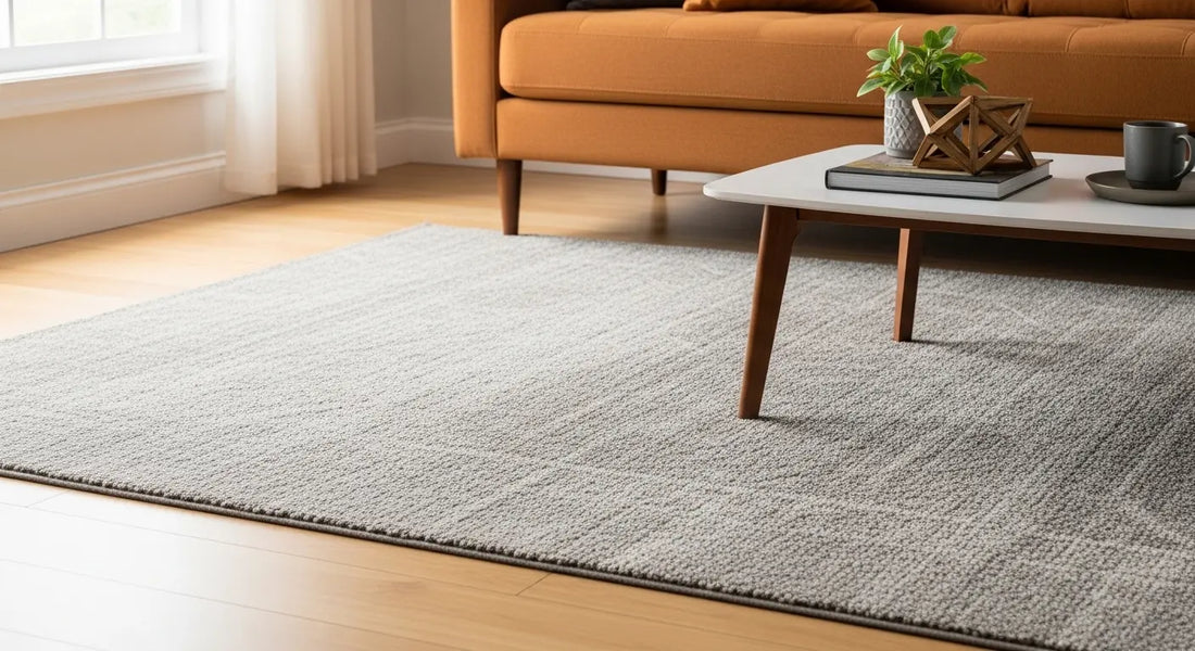 close up of gray wool rug under coffee table, beside rust coudh