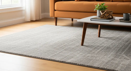 close up of gray wool rug under coffee table, beside rust coudh