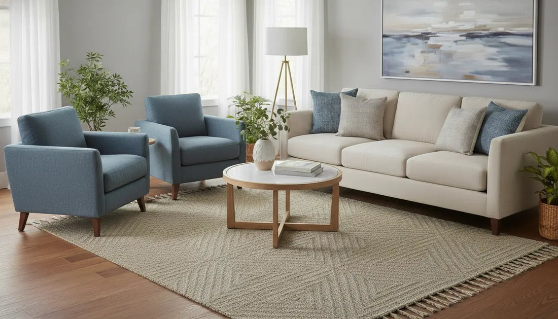 modern living room with geometric wool rug