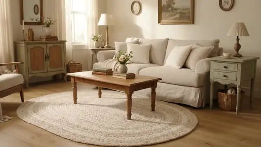 grandma chic living room with vintage inspired furnishings and an oval jute rug 