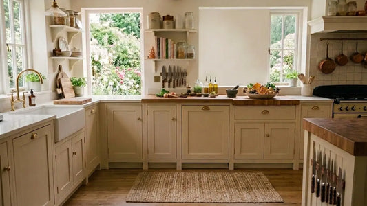 light sunny kitchen with cream cabinets and a jute rug