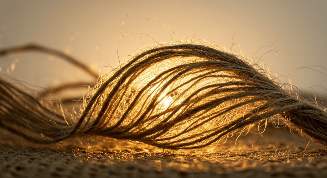 a sunlit close-up of organic jute fibers