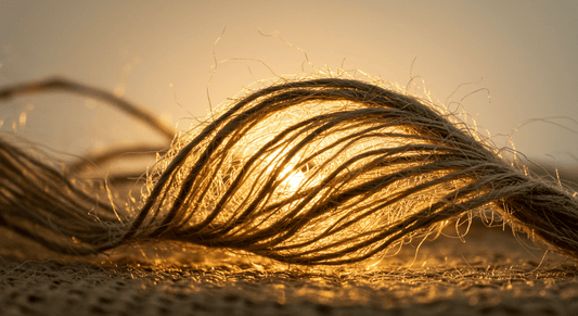 a sunlit close-up of organic jute fibers