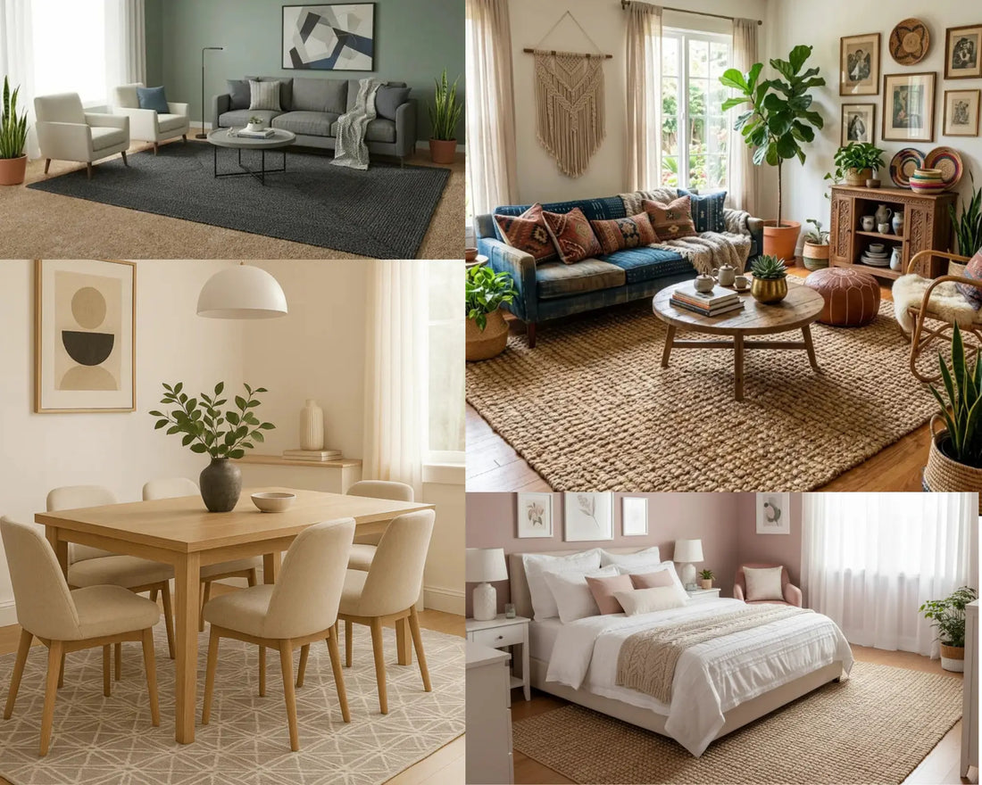 collage of room scenes with jute and wool rugs