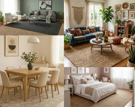 collage of room scenes with jute and wool rugs