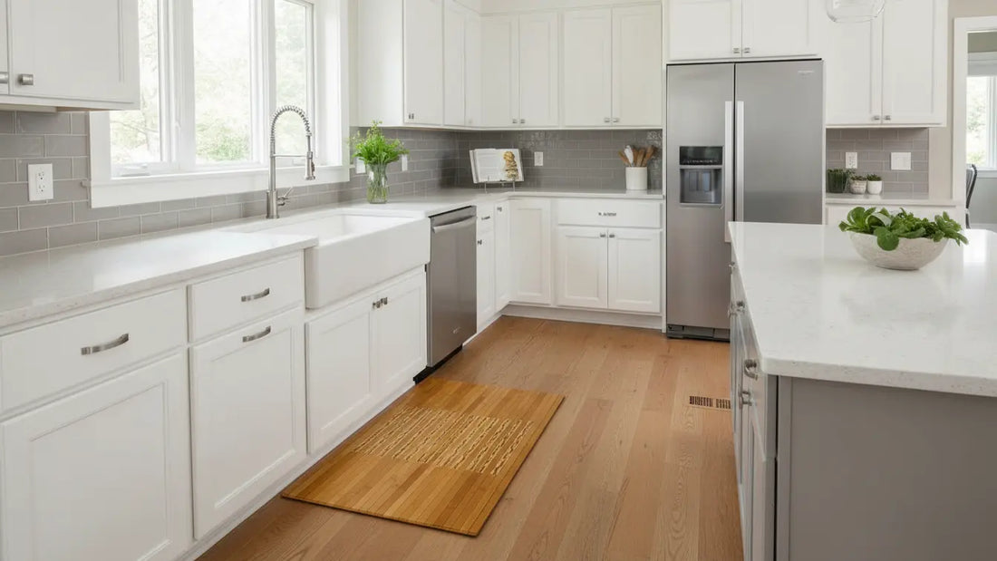 white kitchen with bamboo mat in front of sink