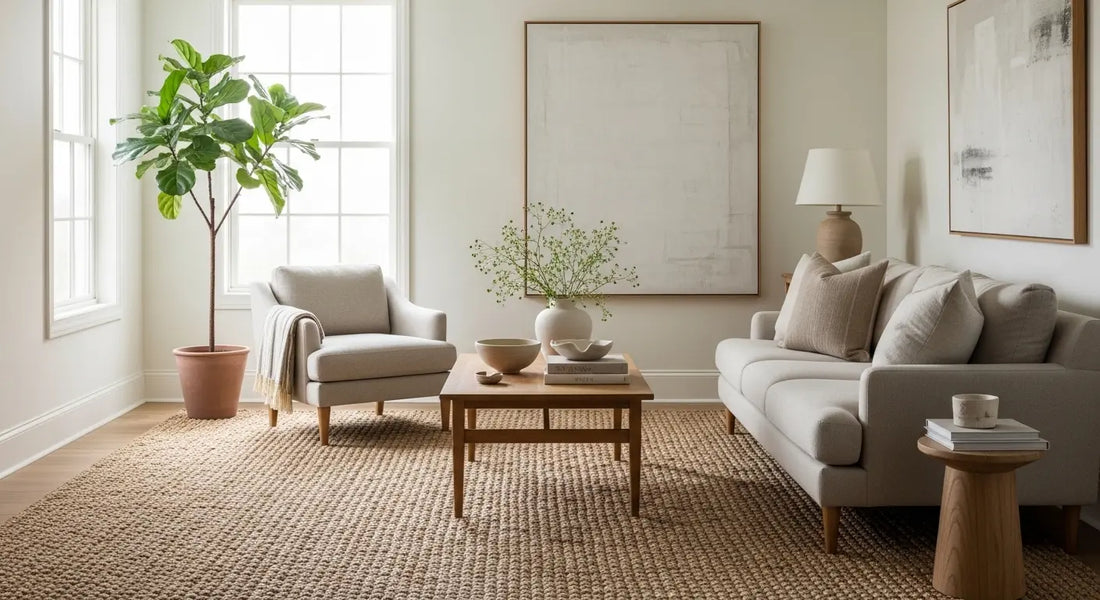 minimalist living room with jute rug