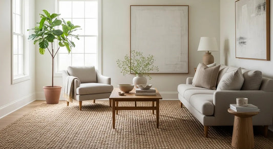 minimalist living room with jute rug