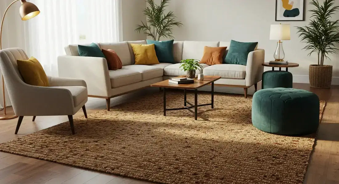 mid century modern living room with dark jute rug