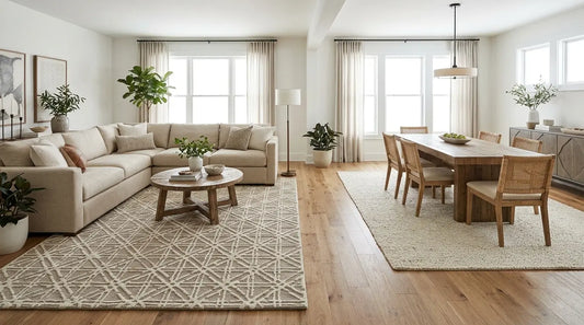open concept space with living area and dining area anchored by two rugs