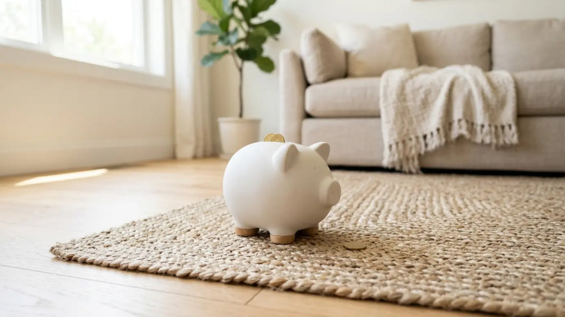 piggy bank on jute rug in sunny living room