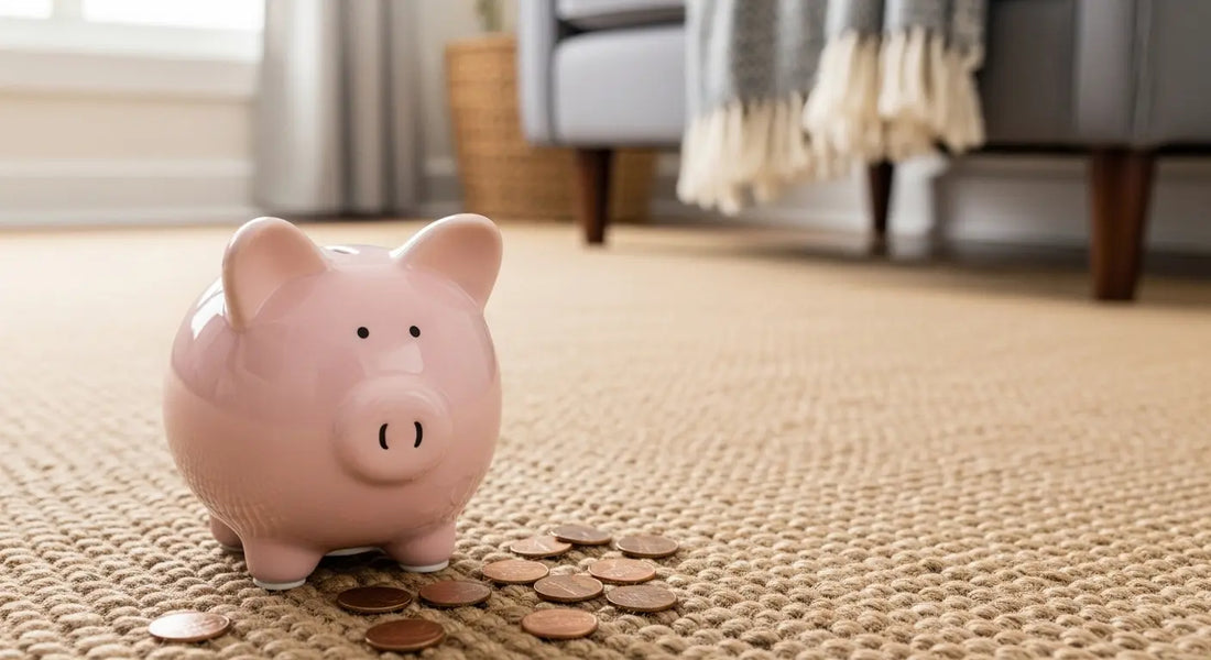 piggy bank and pennies in a living room with jute rug