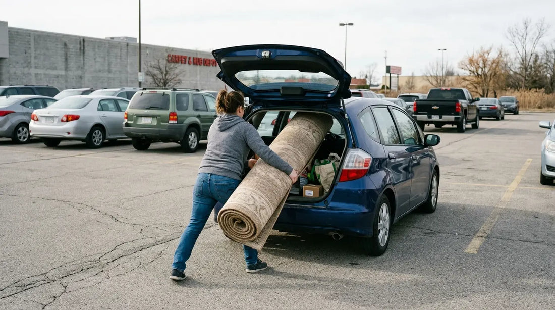 woman in parking lot shoving large rug into hatchback car