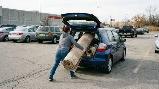woman in parking lot shoving large rug into hatchback car