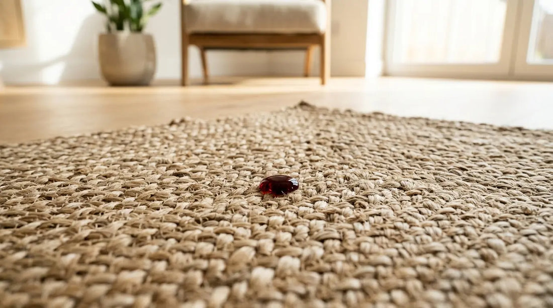 close up of natural jute rug with red wine drop on its surface