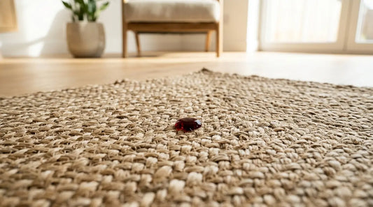 close up of natural jute rug with red wine drop on its surface