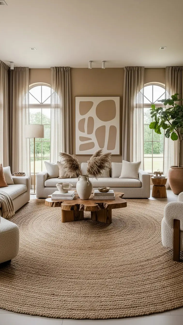 upscale organic modern living room with large round jute rug 