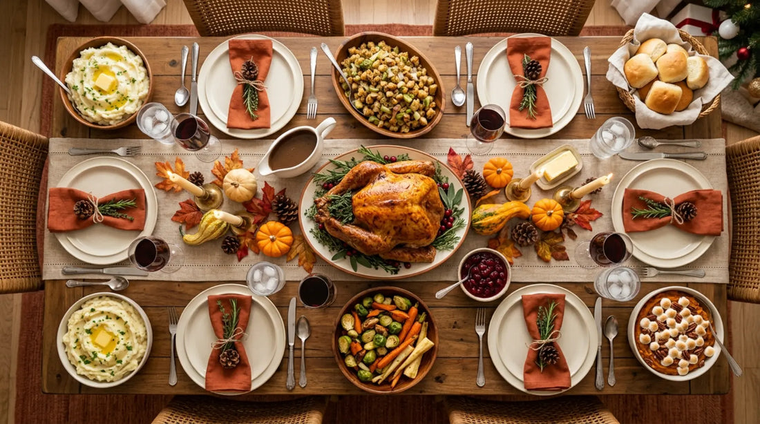 overhead shot of Thanksgiving dinner table 
