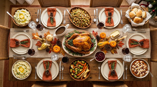 overhead shot of Thanksgiving dinner table 