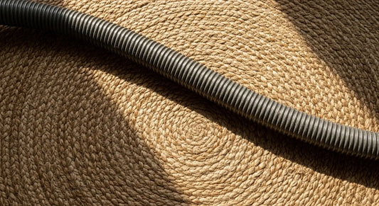 vacuum hose lying across round jute rug