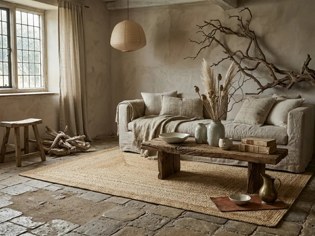 wabi-sabi living room with linen couch,  rustic floor, wood decor and jute rug