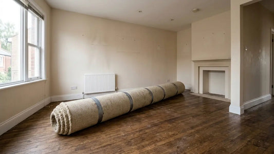 empty room with hardwood floor and roll of removed wall to wall carpet
