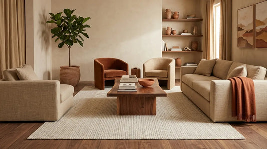 warm earthy living room with ivory jute rug