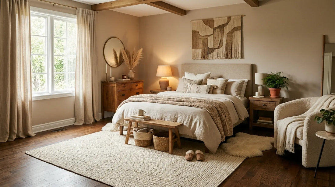 sunny bedroom with warm neutral furnishings and an ivory jute rug