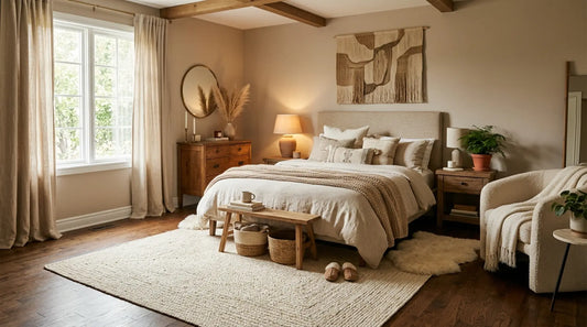 sunny bedroom with warm neutral furnishings and an ivory jute rug