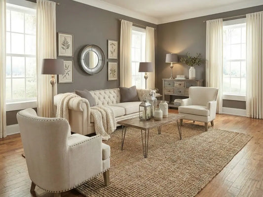 transitional living room with natural jute rug