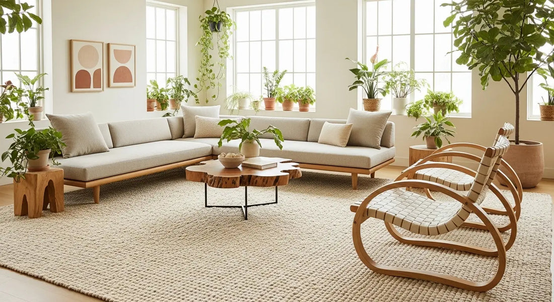 a bright modern organic living room with furniture on a large jute rug