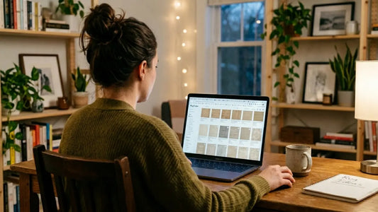 woman at desk looking for rugs on her laptop
