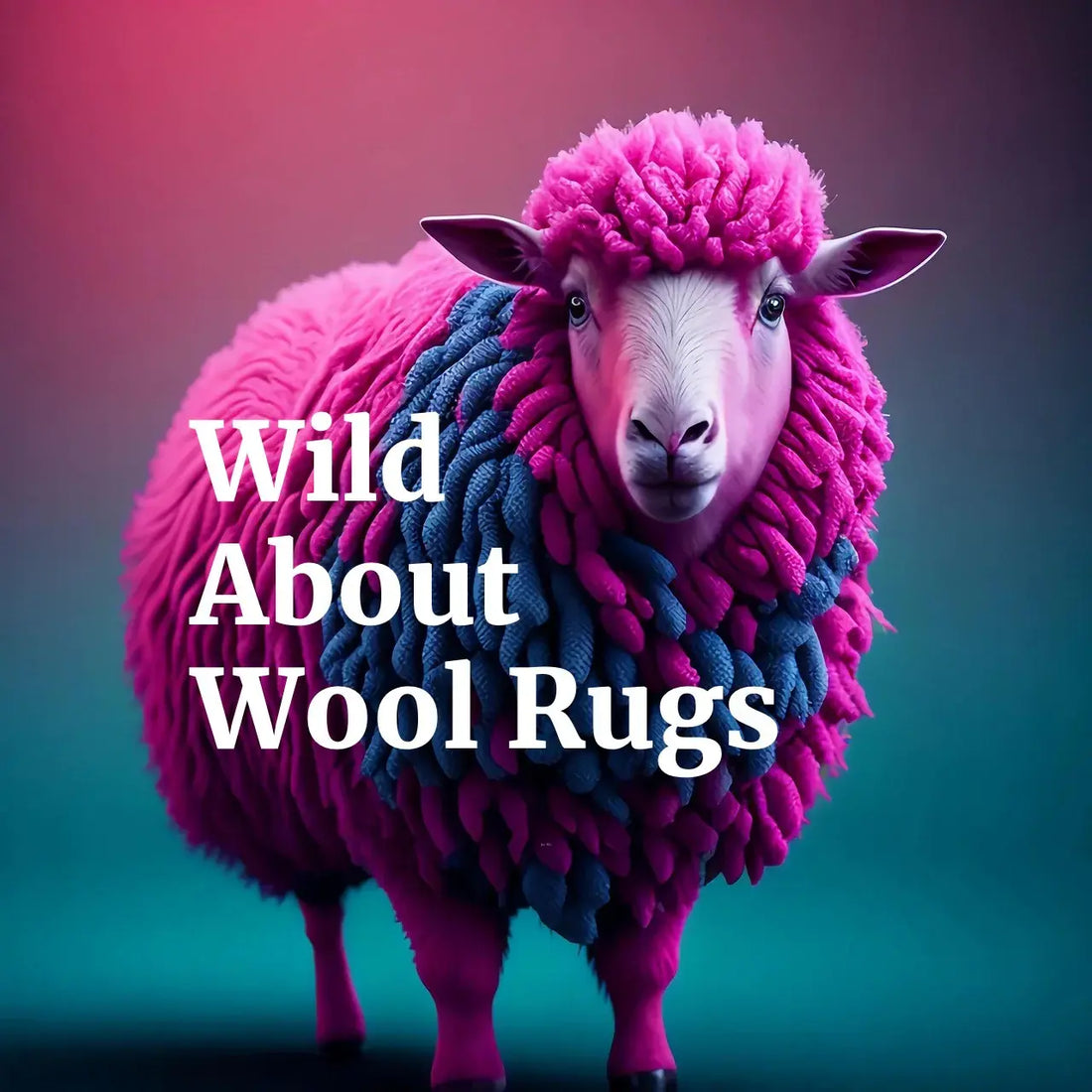 a computer generated fuschia sheep on a colorful background with the title Wild About Wool Rugs