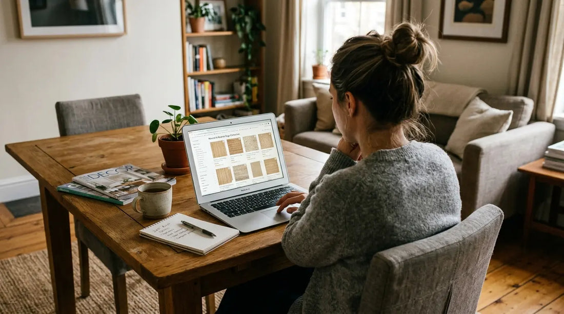 woman online shopping for rugs at her kitchen table 