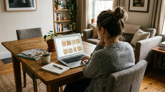 woman online shopping for rugs at her kitchen table 