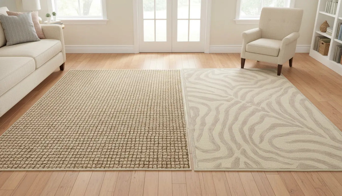 sunny living room with a zebra patterned rug and a jute rug 