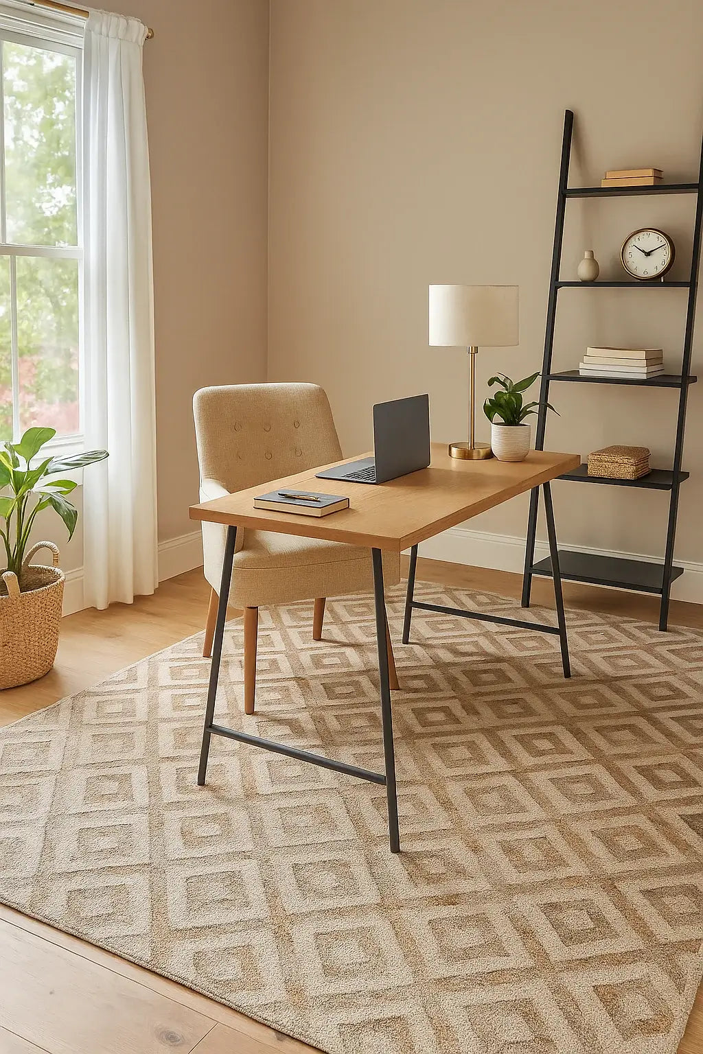 a sunny home office area with Natural Rug Co. geometric wool area rug 