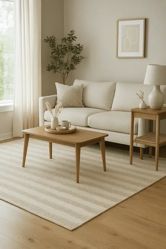 modern seating area with ivory and white striped wool rug
