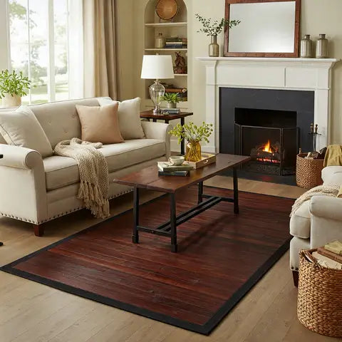 cozy seating area with a Natural Rug Co. mahogany bamboo rug
