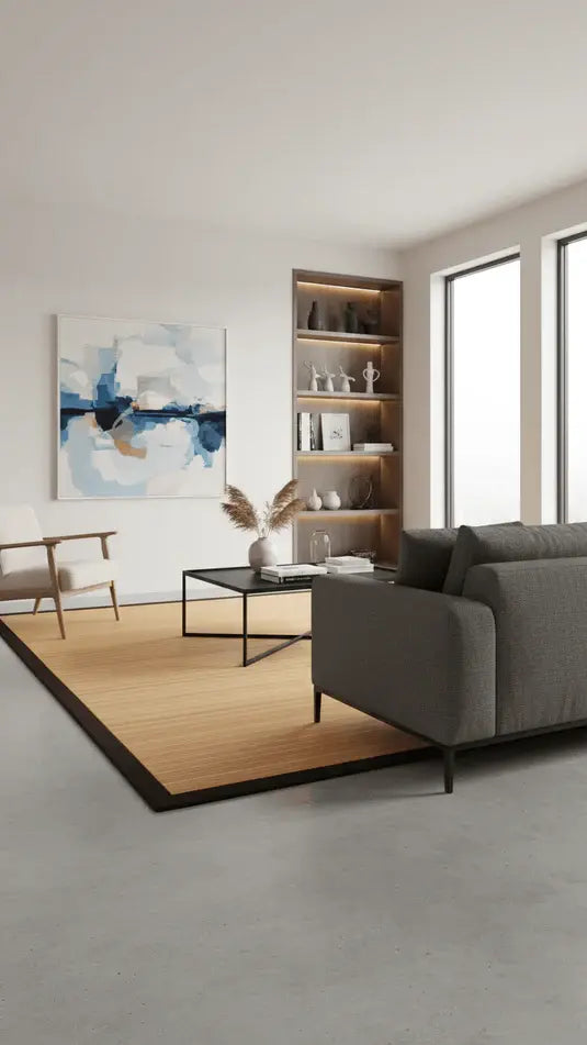 contemporary city apartment with light bamboo area rug