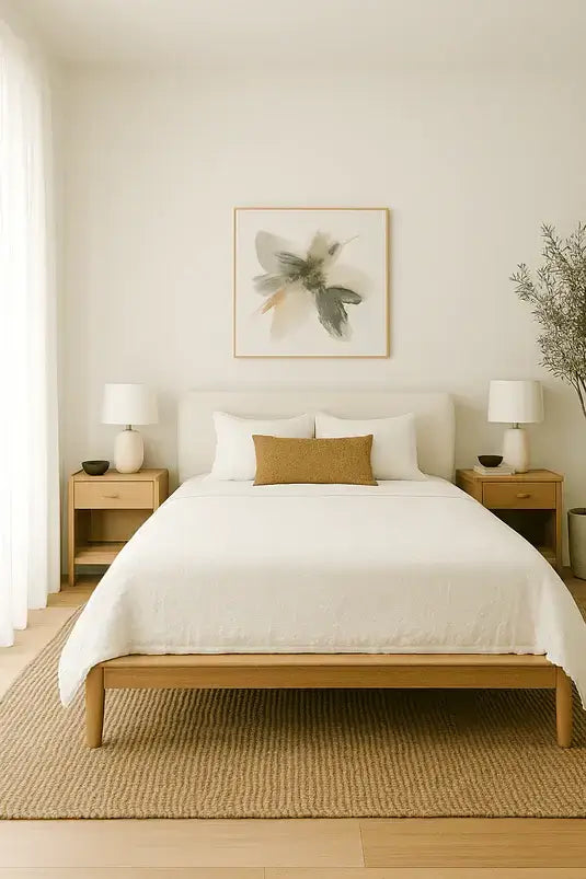 a modern organic bedroom with a single bed with a Natural Rug Co. jute rug beneath it