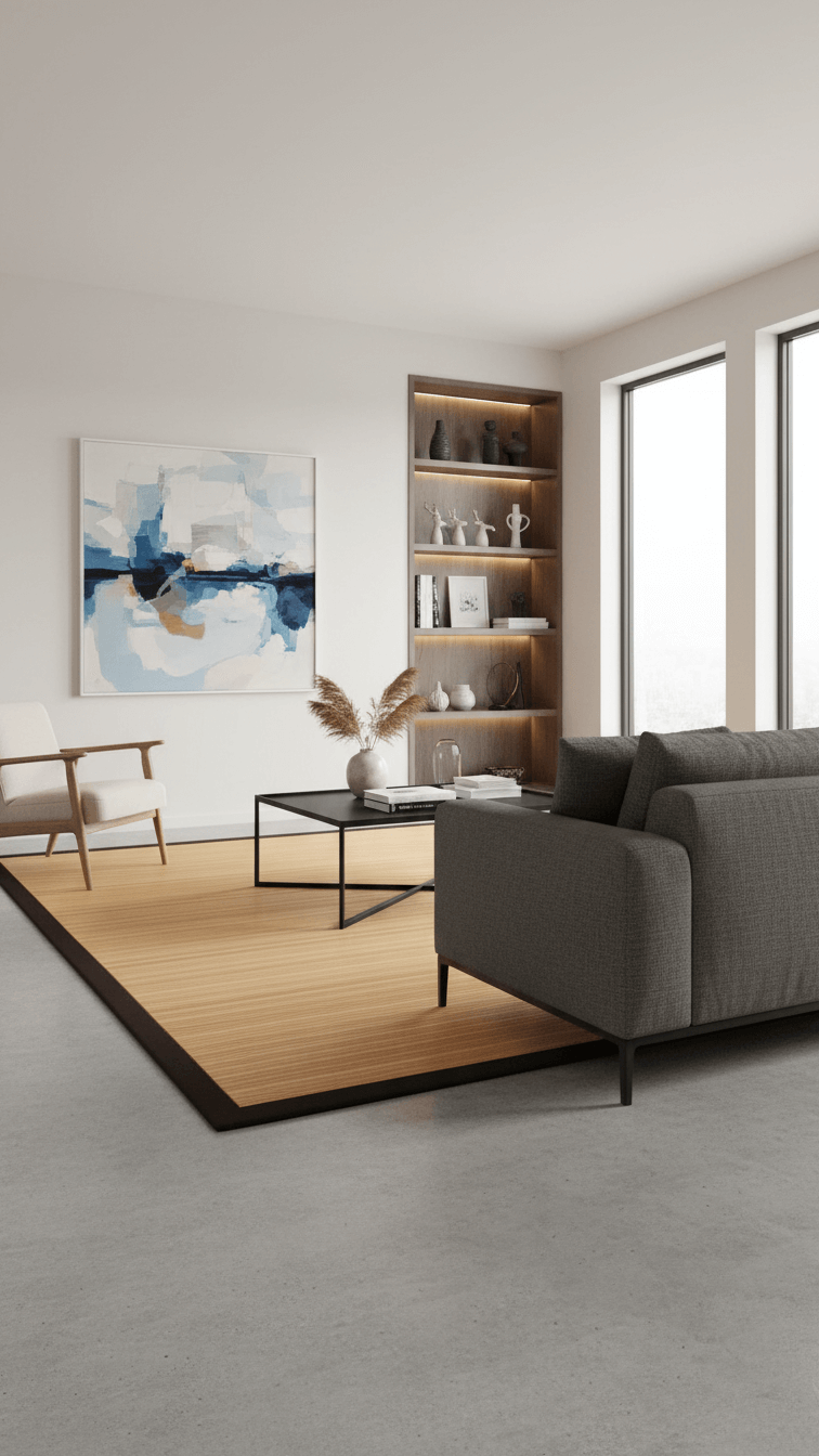 contemporary city apartment with light bamboo area rug