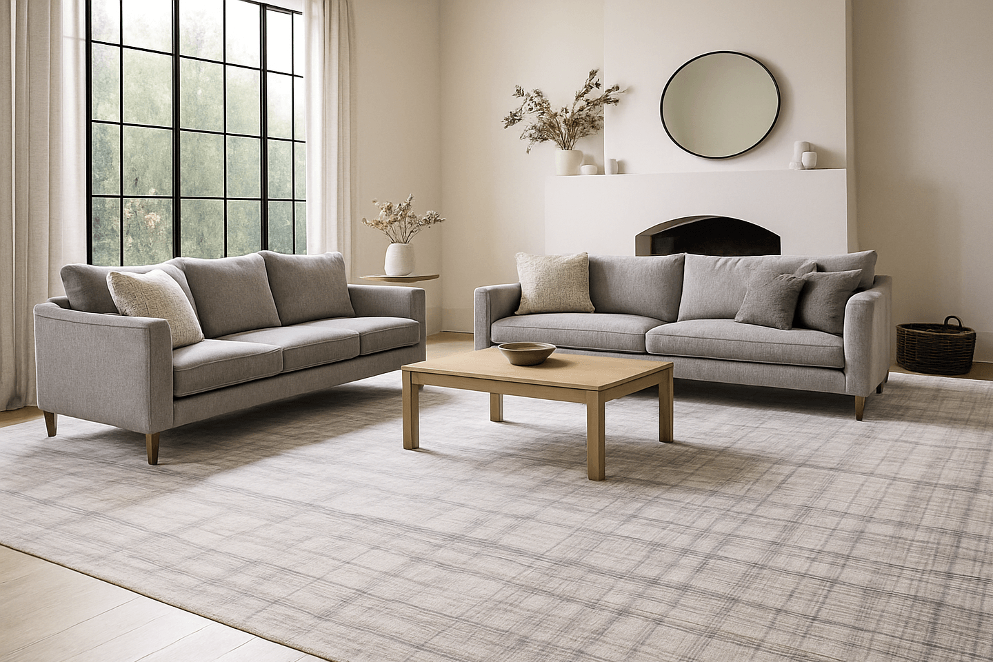 Modern living room with gray sofas, a wooden coffee table, and gray and ivory wool rug