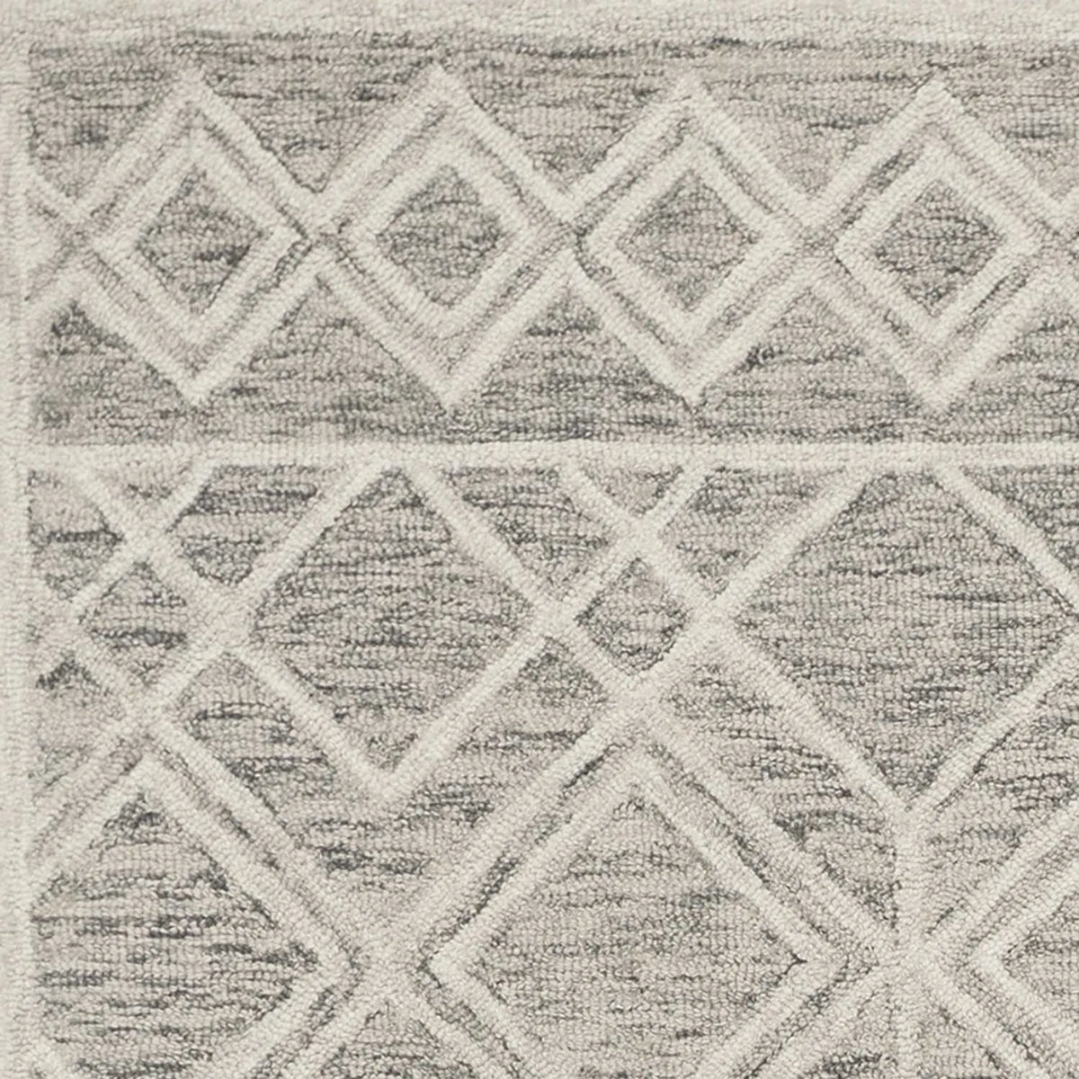 Textured wool area rug with geometric pattern in gray and beige
