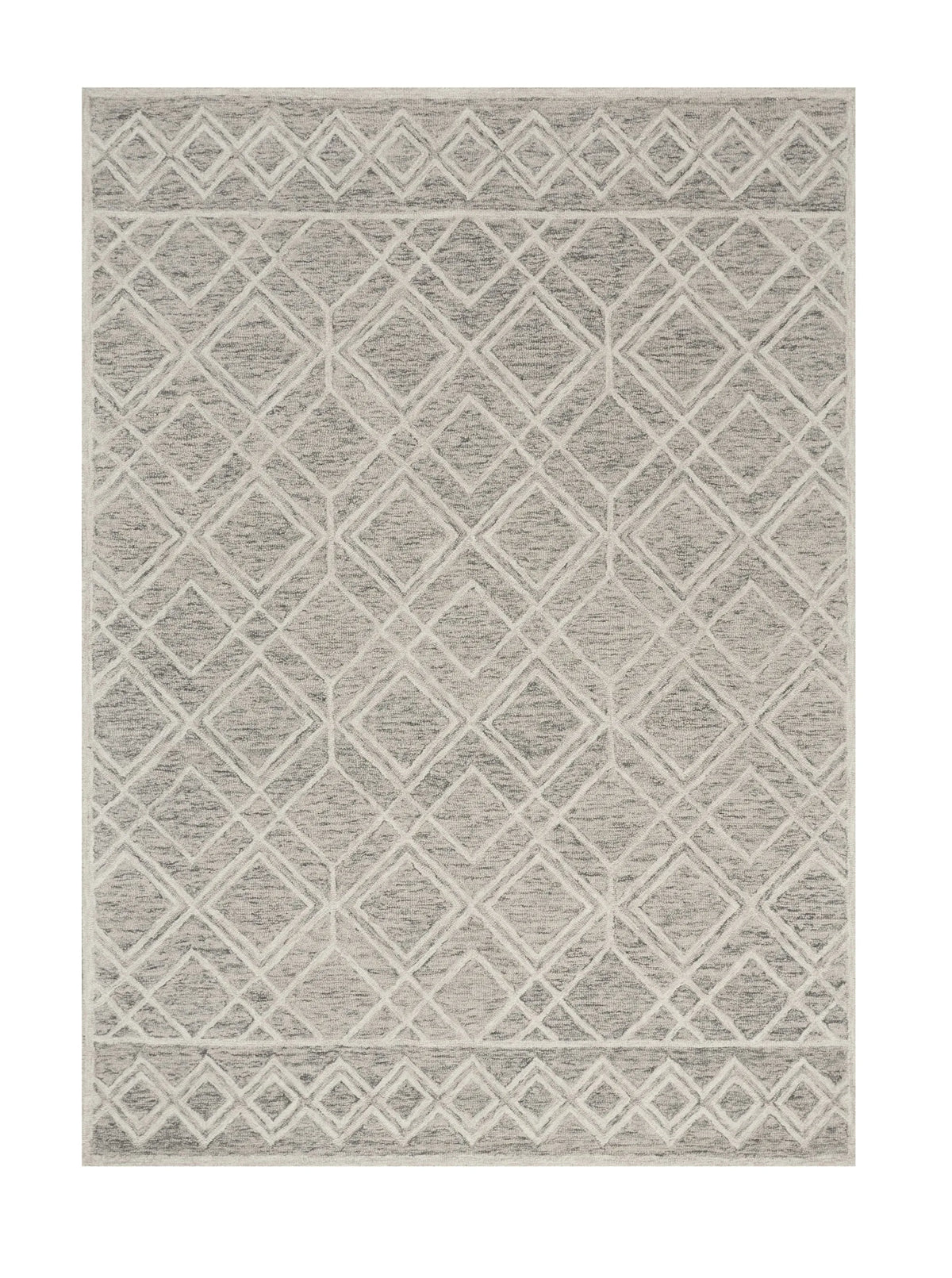 gray and ivory geometric wool rug on white background