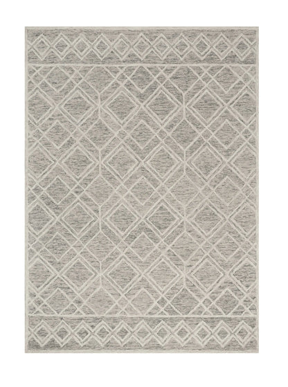 gray and ivory geometric wool rug on white background
