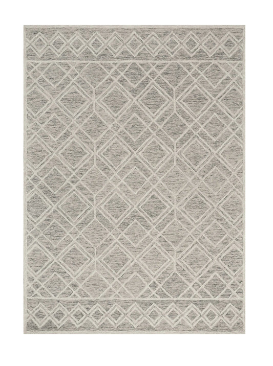 gray and ivory geometric wool rug on white background