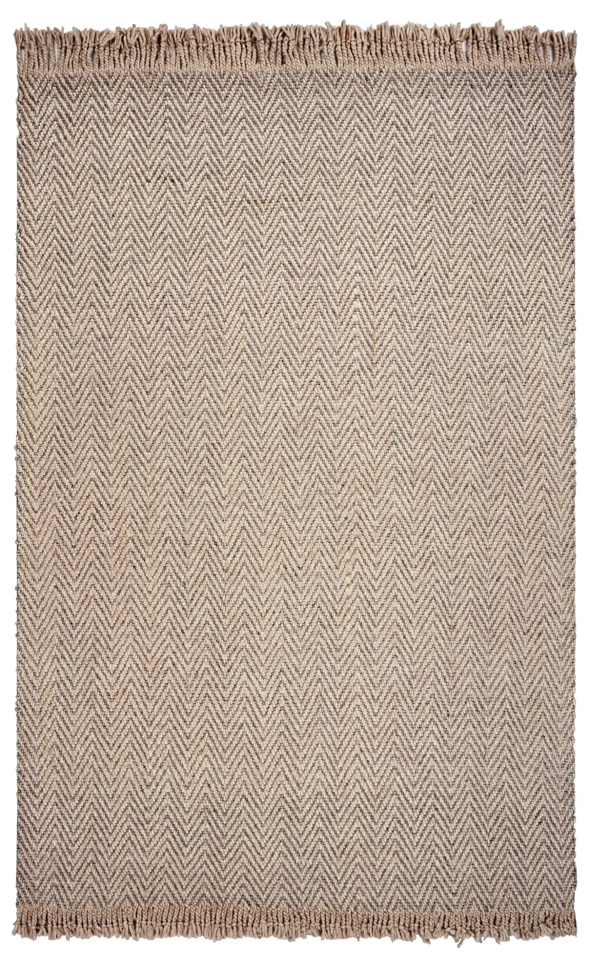 Beige and brown wool woven rug with a zigzag pattern on a white background